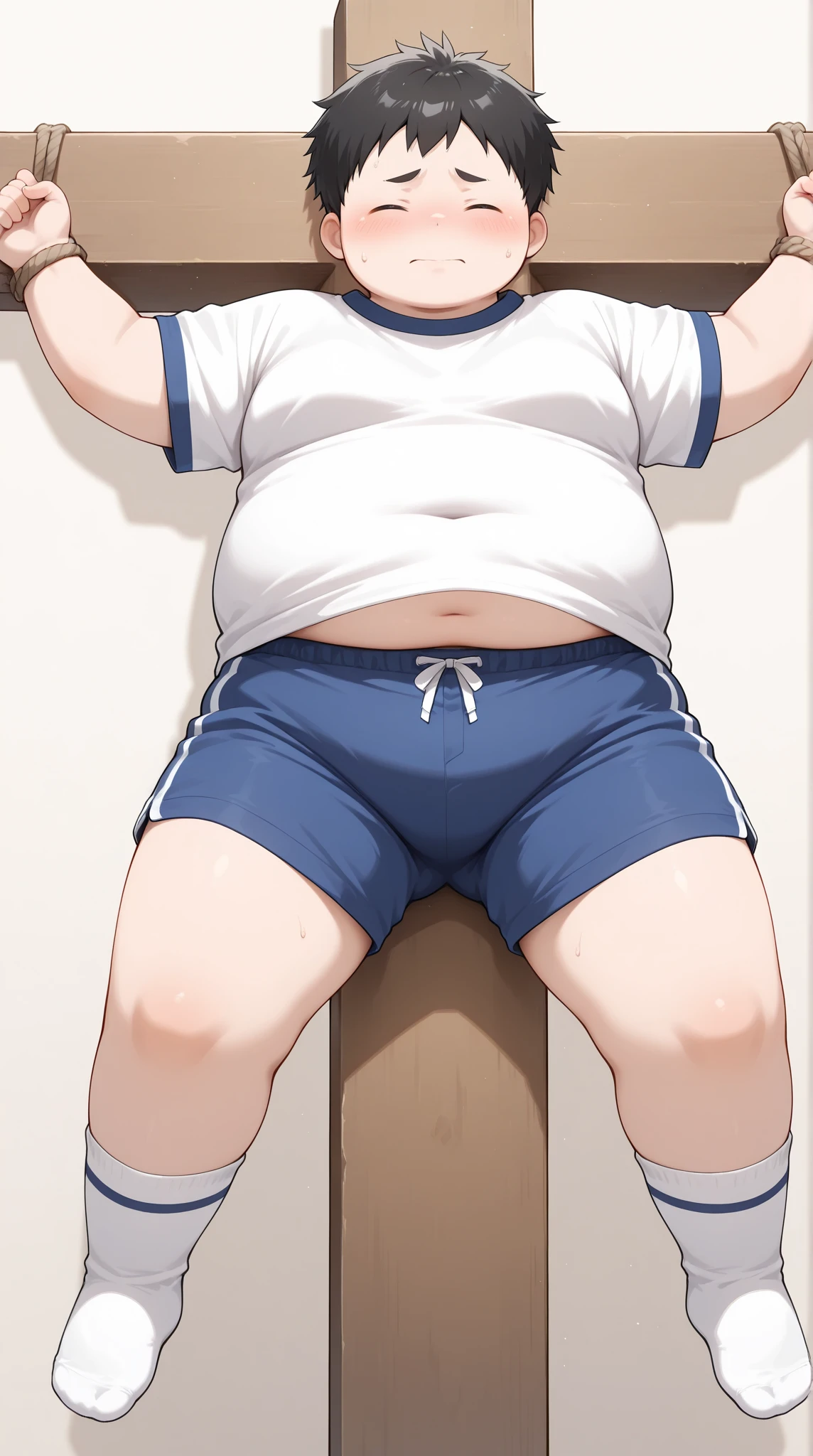 beautiful, chubby, (very short hair),pudgy face, (naughty) (high school students),((young)), ((androgynous)), (boyish), (handsome), ((thick)), (shota), overweight, (beefy), (nipples), (cute), (obesity), (naughty brat), (belly button), (Chubby body), big belly, (Sweaty body), (Smelly body), (PE uniform),(Sitting), (Stinky soles), (Show the soles of your feet), (Troubled expression),