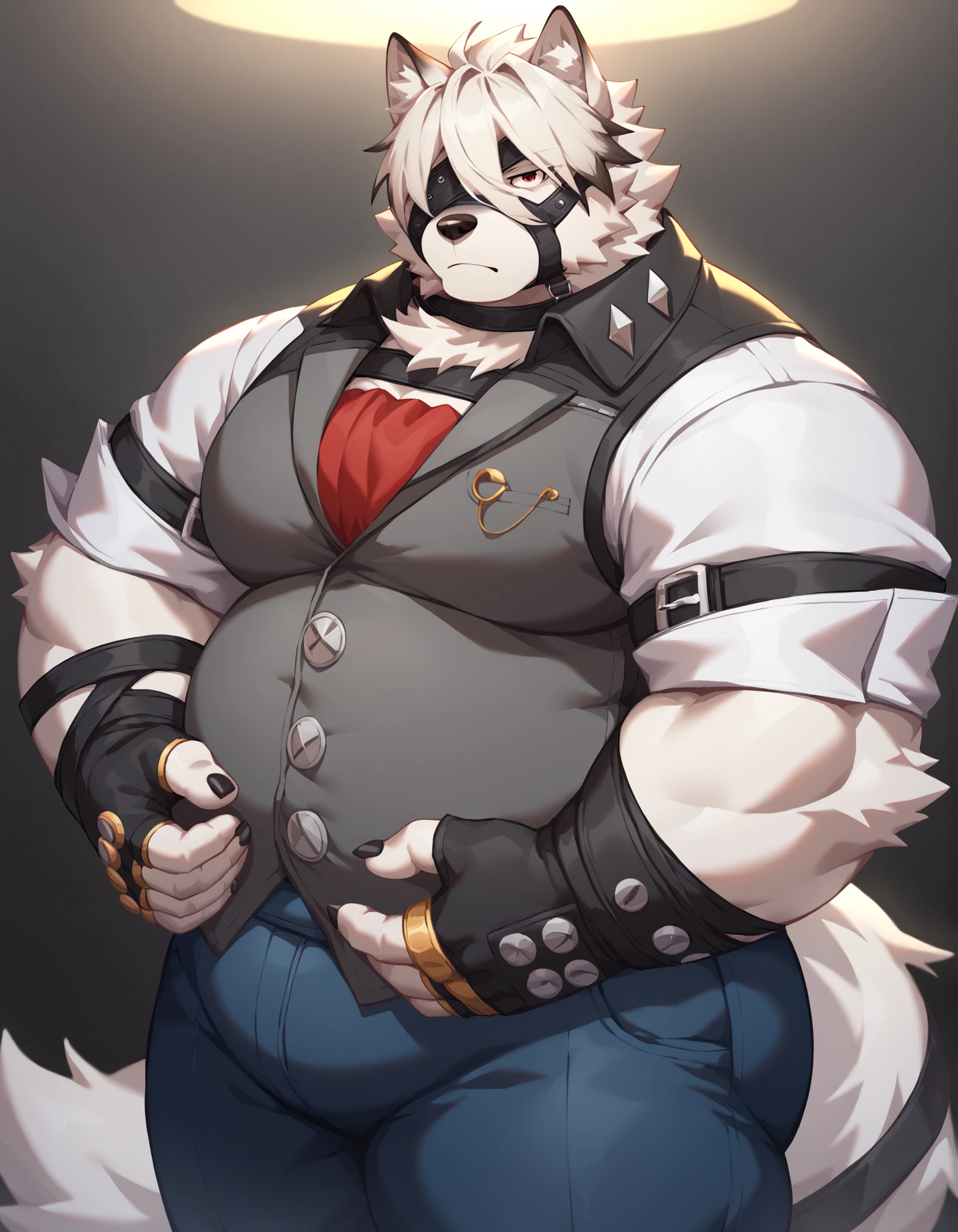 score_9, score_8_up, score_7_up, solo, Von Kaon, Wolf anthropomorphism, muscular, Red Eyes, button, eye patch , Cover one eye, pants, bracelets, Best Band , vest, nail, fingerless gloves, shirt, tail, Being overweight, bulging abdomen,Totally Obese,Fat Belly,A body shape with a swollen stomach,Extremely Obese, weight gain