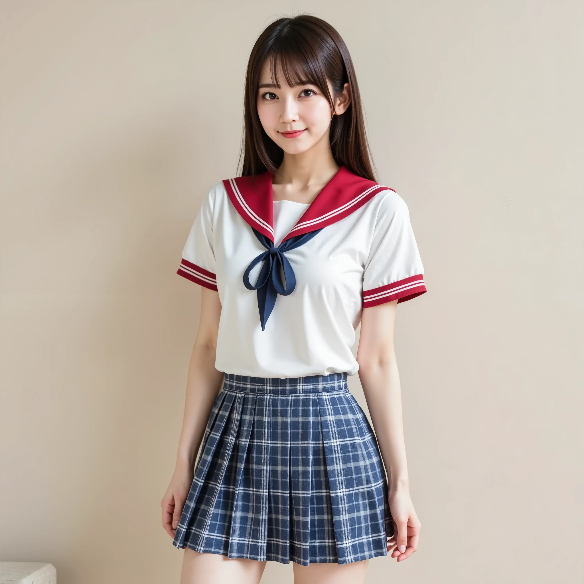 very detailed, 美しいlikeいアジア人女性の超写実的なデジタル写真, Ultra Clear Focus, She has long hair , Smooth brown hair with soft bangs, and her clear, radiant skin enhances warmth,  pleasant smile, (full body shot with mahiru:1.10), Her big, expressive eyes that naturally stand out, elegant makeup, F-cup enhances breasts , (She is wearing a traditional Japanese see-through high school girl uniform:1.20), wearing a red sailor collar white blouse, blue check pleated micro skirt, appropriate ribbon tie, like々exudes vibrancy and charm, barefoot, complete a classic school uniform.miniskirt

The background is minimalist, subtly textured neutral wall, A simple yet effective contrast with her outfit, Put her at the center of focus, without casting a harsh shadow, gentle shadows that add depth and realism,  The composition is well-balanced, the subject is placed in the center, lets you fully enjoy her outfit and look, This image was drawn in amazing 16K resolution, captures every detail in perfect clarity.