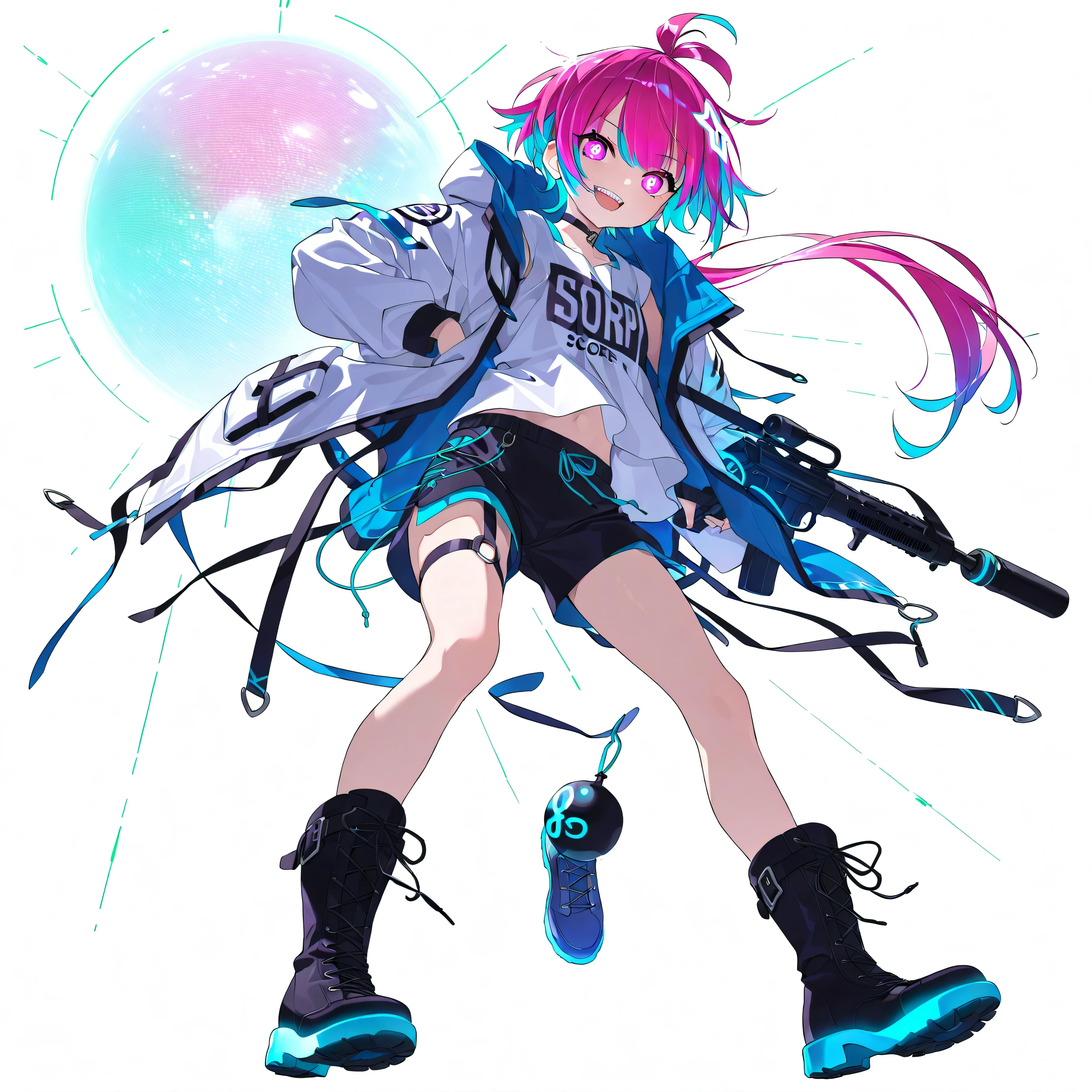 high image quality、High Quality、solo、Shortcut, low ponytail 、 2 color hair、stupid hair、neon light illuminates face 、Boyish clothes、double teeth、thick soled boots、 asymmetric hair 、 simple eyes 、white background、standing, casual shorts with very intricate openings、full body、
