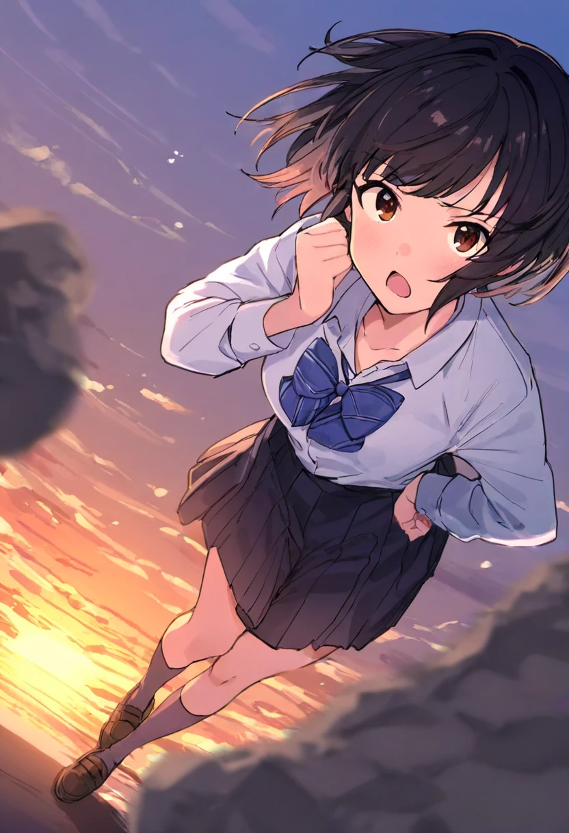 One Woman、crowd、Station platform、beautiful girl、Sailor suit、Pleated skirt、Holding a backpack with both hands、Year: 18、Bob Cut Hair, Highest quality, Body Type、panties、bra、Small cleavage 、Small Ass、Black Hair,Upper breast、Black knee-high socks、Cowboy Shot、Ultra-high definition images、Angle from directly above、Lying on the ground、Lie down with your legs apart、Sleep on your back、