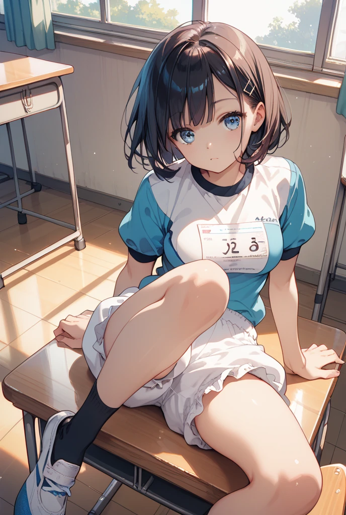 ((open legs))、(get your knees up:1.5)、Cross-legged、floorにsit女の子、Cross-leggedをかいてsit女の子、physical education sitting、sit、floor、gym storeroom, bob cut、short cut hair、black hair、brown eyes, straight hair、15 year old girl、clenched fist、white panties、white gym uniform、Panty peek, good, Wet, from below、Folded gym clothes、topless、small breasts、embarrassing