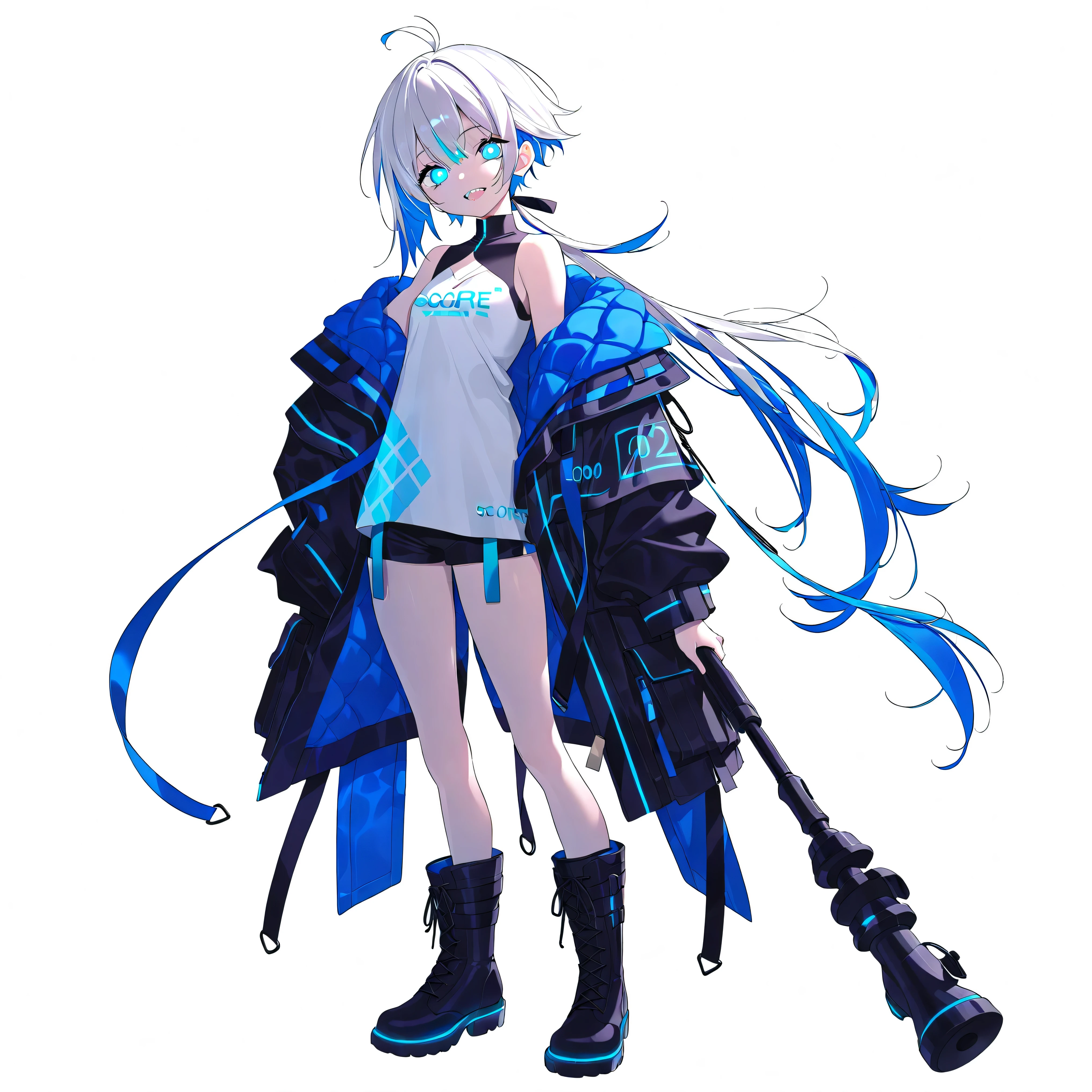 high image quality、High Quality、solo、Shortcut, low ponytail 、 2 color hair、stupid hair、neon light illuminates face 、Boyish clothes、double teeth、thick soled boots、 asymmetric hair 、 simple eyes 、white background、standing, casual shorts with very intricate openings、full body、