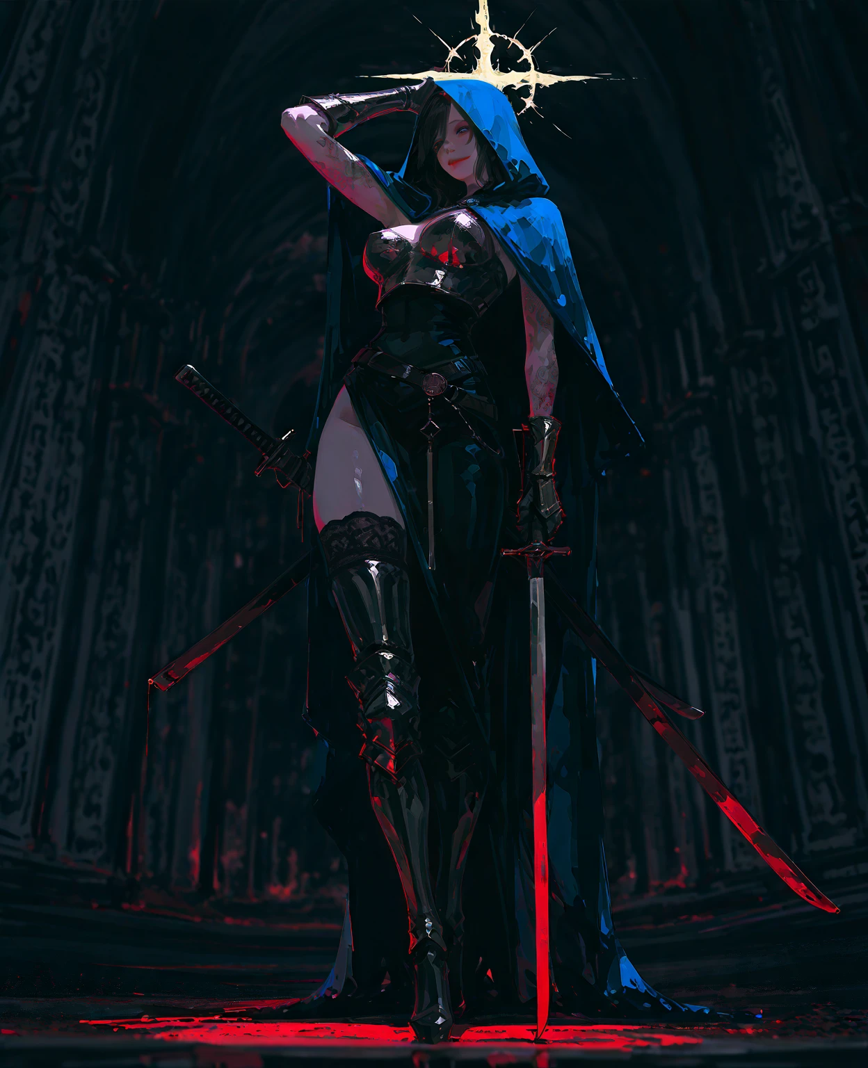 (((masterpiece, best quality, high detailed, 16k))) (1girl) A  and slender assassin with a mysterious aura, concealed under a dark hood. Her sharp, almond-shaped eyes peer out from under the hood, glinting with cunning and precision. She wears sleek high-tech black armor, designed for stealth and agility, adorned with subtle, intricate patterns. In her hand, she wields a finely detailed dagger, the blade gleaming with a sinister edge, and a striking red gemstone embedded in the hilt. Her cloak billows slightly, adding to her enigmatic presence. ((full body view))

