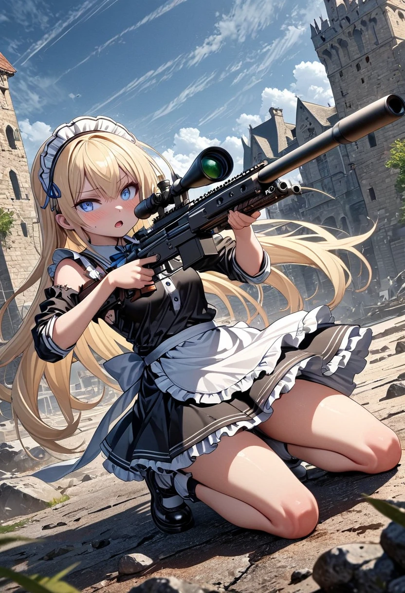 masterpiece, Best Quality, High resolution), 1 girl, aayami, by the wide, two sides up, hair ornament, bare shoulders, black dress, clothing trimming, separate sleeves, belt, thigh strap,Whole body,Legs together,a hand holding a gun,pointing at the viewer with the weapon,a hand giving the middle finger,Flushed face,standing,20 years older,White background,legs in sight,feet in sight