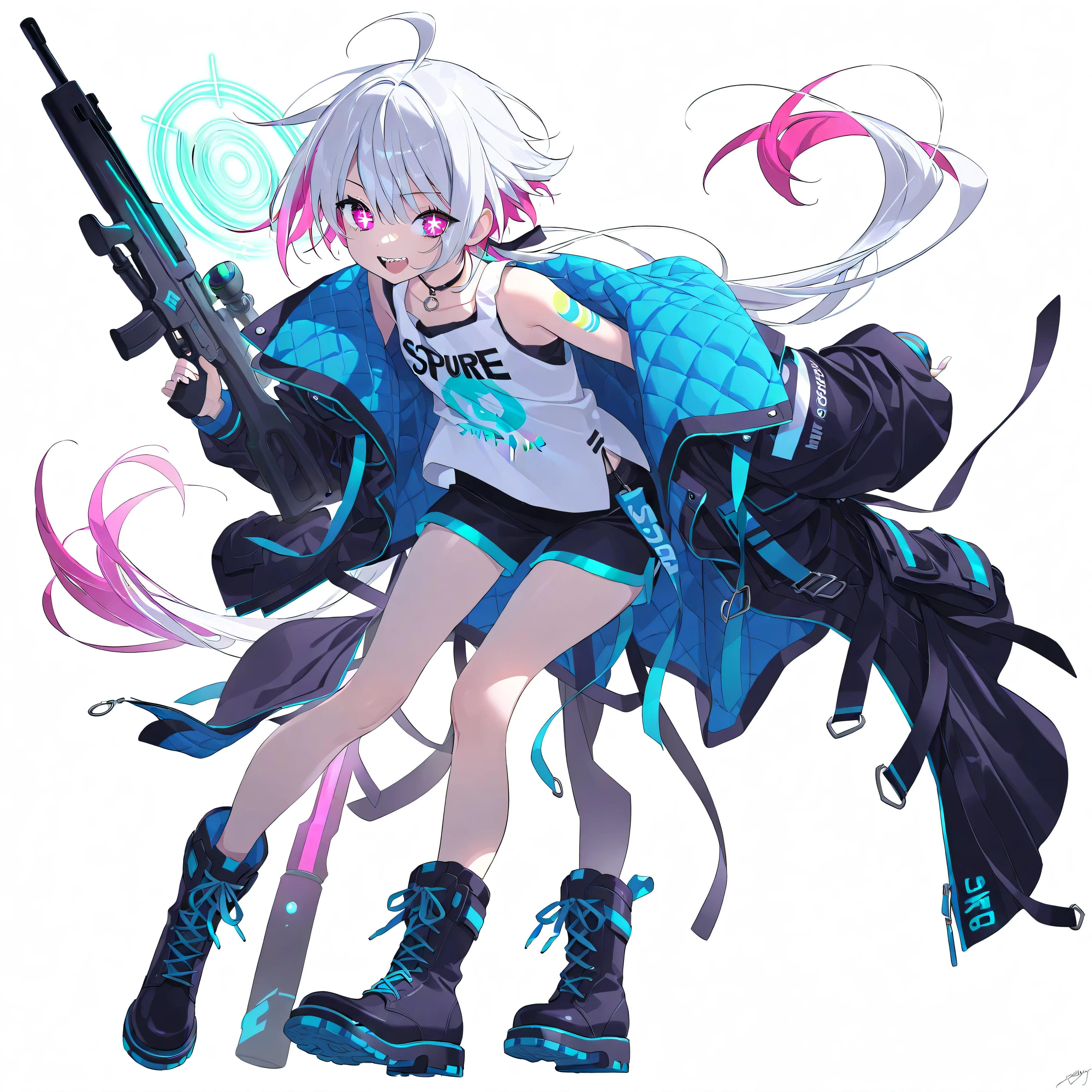 high image quality、High Quality、solo、Shortcut,    low ponytail  、 2 color hair、stupid hair、neon light illuminates face  、Boyish clothes、double teeth、thick soled boots、 asymmetric hair 、    simple eyes    、white background、standing, casual shorts with very intricate openings、full body、