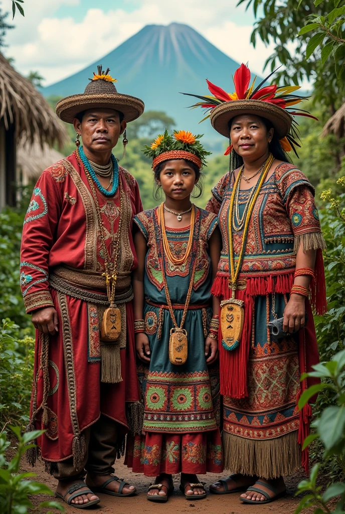 Full body, Tribal family wearing Jomon style fire-fired earthenware masks, Take photos with strange animals, a polaroid photo, Add noise, Old Photo Effects