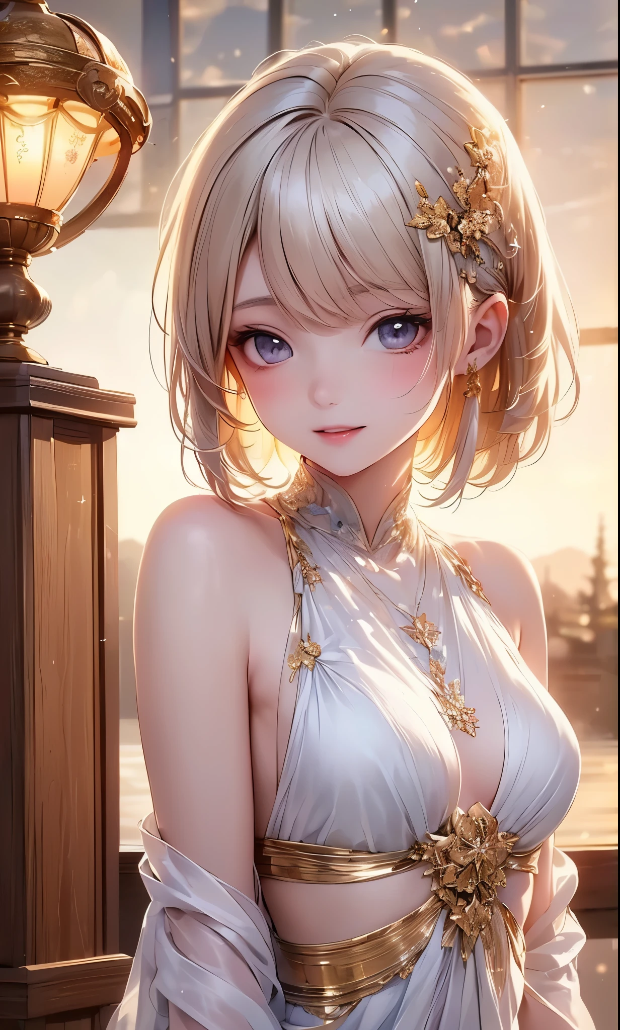 (masterpiece),((Highest Quality)),(perfect anatomy),(Beautiful and luxurious:1.2),1 girl on break day,happy expression,small breasts,((Golden Hair Beauty)), beautiful shrine garden , Transparency,short hair,gentle color,pastel color,Cinematic Lighting,(Highly detailed 2D illustrations),((very delicate and beautiful)),feels silky,cowboy shot,happy atmosphere just like a dream, sideboob