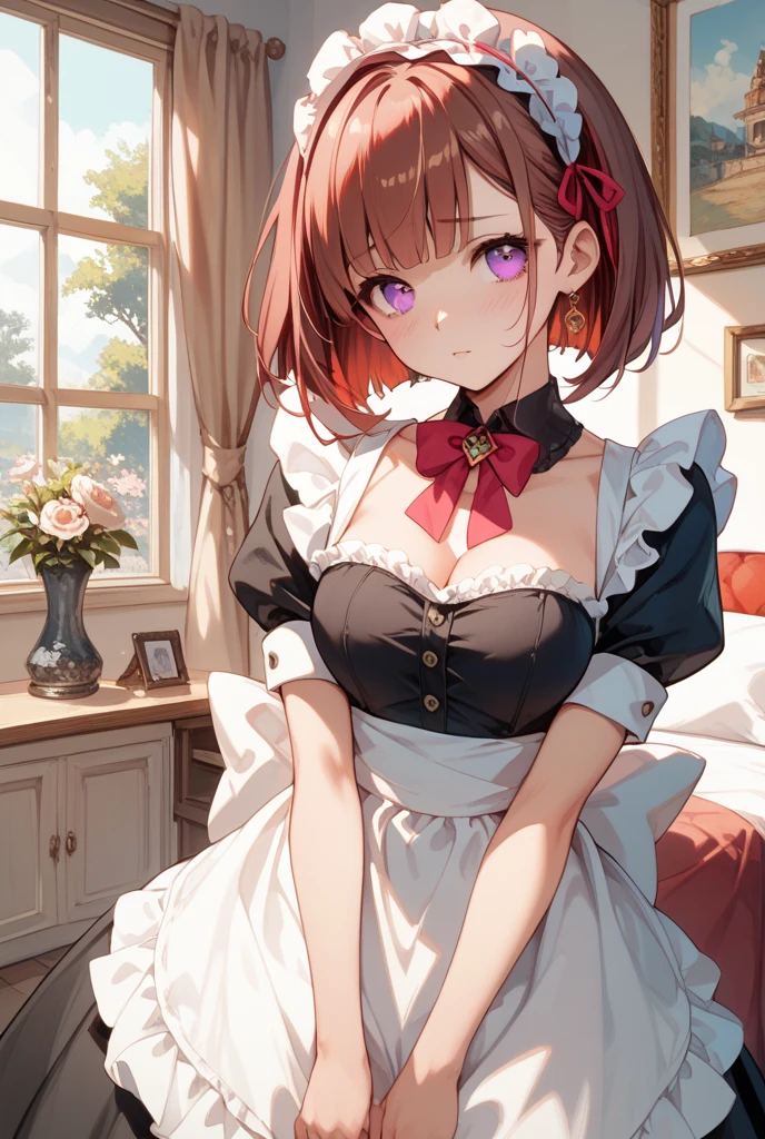 8K, A masterpiece of softcore pornography shot by Kishin Shinoyama, Bast quality,big, RAW Photos, (Ultra-thin contour lines), (1 Girl), Kana Arima, Arima Kana, Red eyes, Star-shaped highlight eye, dark red-purple hair, Short Hair, Professional Lighting, (Shiny skin: 1.2), shiny big, ((Highest quality)), Sharp focus: 1.2, Highly detailed face and skin texture, Fine grain, Perfect Face, Perfect body, Blur Art, CG, background, milk, in front (18-year-old, Cool and beautiful girl face), wear ((Frill dress)), Red gloves, thigh), blush, (Porn Cosplayer), (Camel Toe, White panties), Gravure idol style table, She rolled up her skirt to avoid the heat、I sat on the desk with my knees raised.。., My favorite girl, Browsing Caution,