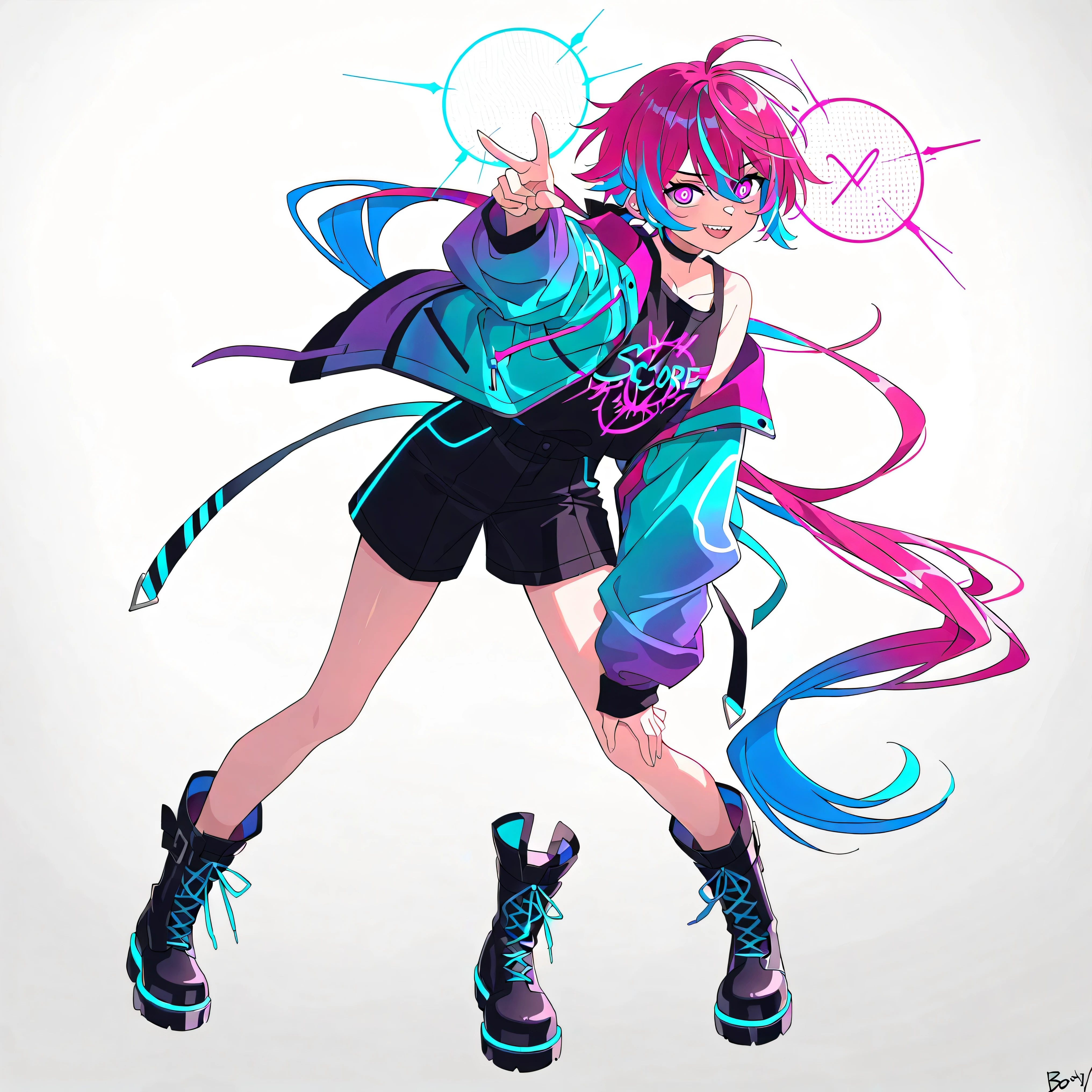 high resolution、High Quality、solo、Shortcut, low ponytail 、 2 color hair、stupid hair、neon light illuminates face 、Boyish clothes、double teeth、thick soled boots、 asymmetric hair 、 simple eyes 、white background、standing, casual shorts with very intricate openings、full body、