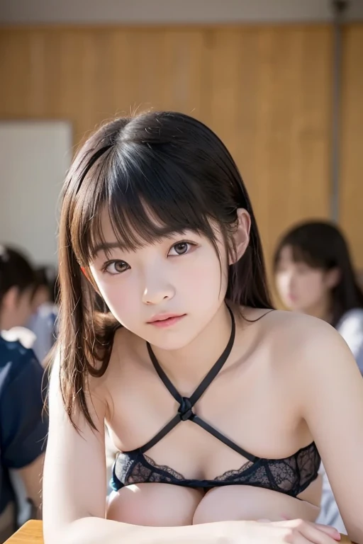 (Surreal Realism), (Awareness-raising), (High resolution), (8k), (Very detailed), (The best Awareness-raisingns), (Beautiful fine details), (highest quality), (Super detailed), (masterpiece), (wallpaper), (Detailed face), (Beautiful smile)、(Beautiful expression)、Side bangs、solo、((Baby Face))、(((topless)))、 (((small chest))), (((small tits))), (((flat breast)))、((upper body))(Black knee-high socks:1.2)、Slender body、Seductive Pose:1.4、Looking into the camera、School classroom
