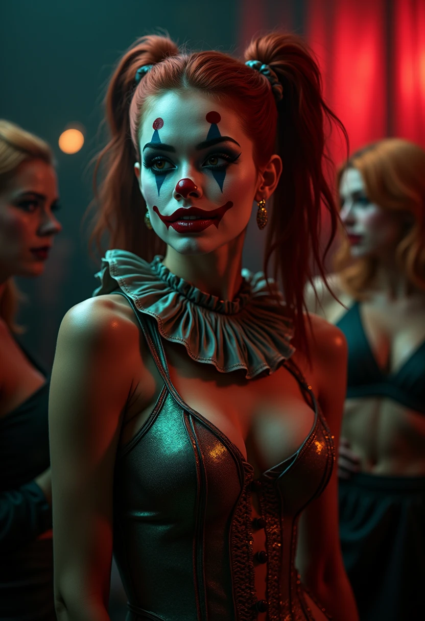 (masterpiece, 8K, UHD, RAW), a sexy girl kissing a evil clown in bed, (((a beautiful young woman riding on top of one huge horrific circus clown with a red nose))), (she rides the male Clown with lustful femininity), her beautiful body is covered by a sheer translucent white tunic with Art Nouveau embroidery, big sexy perky breasts, her pristine delicate features contrasts with the horrendous menacing fangs of the corrupted male clown, full body vibrant illustrations, intricately sculpted, realistic hyper-detailed portraits, queencore, depicts real life, the scene happens in a luxurious Art Nouveau boudoir with studio illumination, red and teal silk satin, Sexy smile,