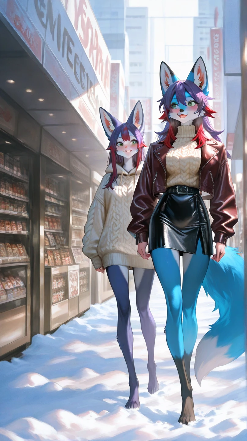 by Ross Tran, by ruan jia, by sintronic, by viola bat, by thaismotosuwa, by Coffeesoda, by Hioshiru, by asaneman, by kalnareff, by james howard, (furry protogen girl, orca girl, orca anthro, orca protogen, slick skin, fish skin), (thick thighs, small breasts, voluminous waist, wide hips), (pants, off shoulder tank top:1.2), (store, behind cash register, store clerk),