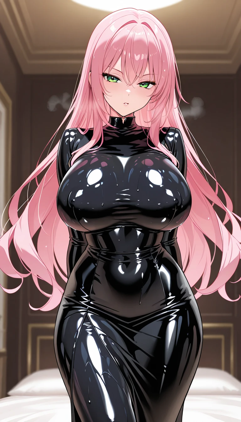 Shackles, BDSM, slave, rubber, pink corset, catsuit, collar, nsfw, ((highest quality, 8k, masterpiece: 1.3)), crisp focus: 1.2, 1girl, peaceful expression, fox ears, wet body: 1.5, highly detailed face and skin texture, detailed eyes, double eyelids, long hair, ridiculously large breasts, bedroom, grabbing own breast