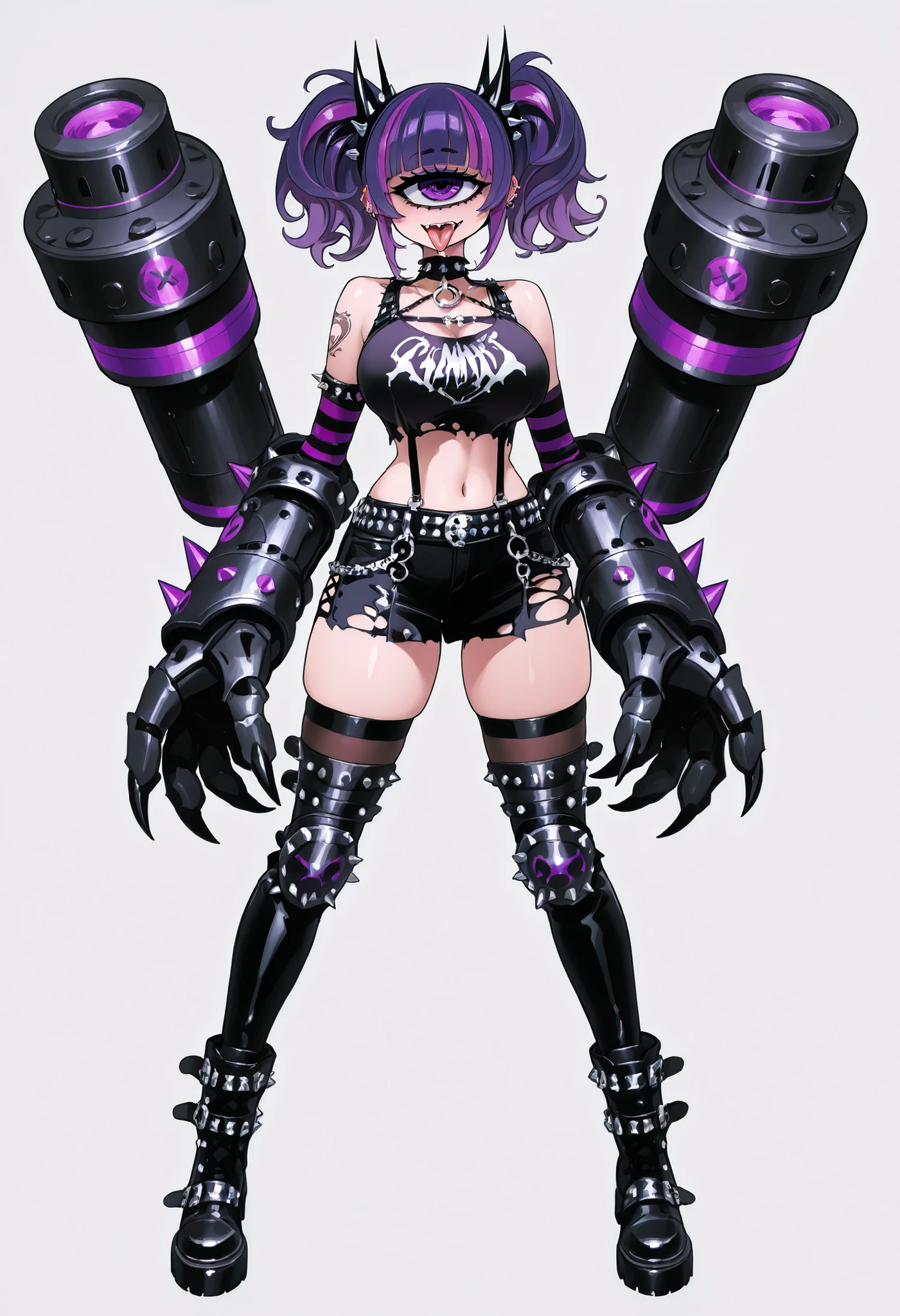Punk fashion girl. Cyclops eyes. Purple hair. Short hair. Wavy hair. Twin tails. Two-tone bangs. Tongue sticking out. Torn outfit. Large breasts. Armored hands. Sharp claws. Large hands. Studded outfit. Long boots. Missile launcher. Gun turret. Parabolic antenna.
