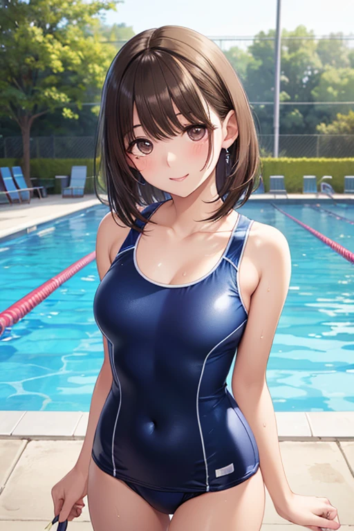  high resolution, female ,   good lighting  ,  (((  Shiny Dark Blue School Swimsuit ))), pool,  cute face,  , Humiliating,  (( sweated))(( adhesive sticks to the swimsuit  .))、 Don't put your hands on your lower back  、 shiny brown hair ,  short hair, ( beautiful brown eyes)、smile、Sparkling Eyes, (fine grain)、 super detailed eyes、  Highly Detailed Faces Revenge,   high definition eyes , cowboy shot、、、 、
,((( masterpiece,  Highest Quality,  high resolution, 超 high resolution,  pixel perfect ,  description boundary depth, 4K, RTTX10.0))),
、Anegasaki Nene, shiny brown hair, beautiful brown eyes, smiling face, sparkling pupils, (fine grain), , highly detailed face,, (masterpiece:1.2, best quality), ((only1 girl)), ((cowboyshot：1.5))