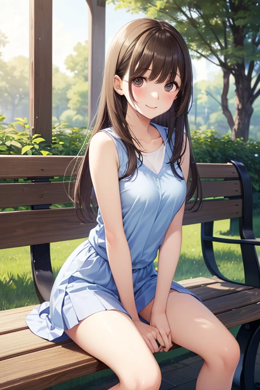 Takagi-san、Shiny brown hair, Long Hair,((Forehead、Center part))、 Beautiful brown eyes、smile、Sparkling eyes, (fine grain)、Very fine eye、Very detailedな顔, Very detailedな目,
Highest quality, Great quality, 16K, Unbelievably absurd, Very detailed, 2.5D, delicate and dynamic,
blue sky, White mini dress、cute、Sit on a park bench with your feet up、Spread your legs wide、Panty shot