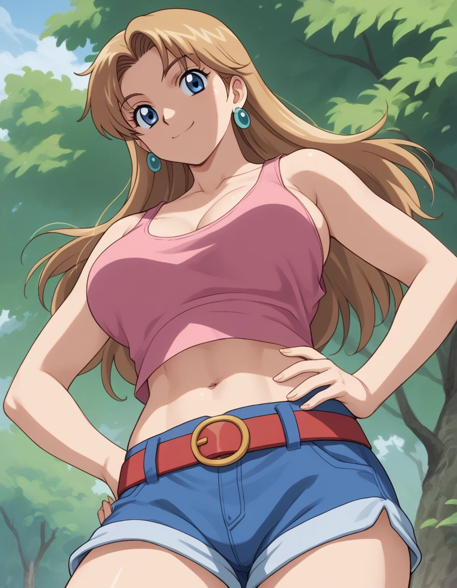 1 girl, (solo), ((amanogawaki)), best quality, highres, high quality, 8k, HD, super detail, anatomically correct, UHD, accurate, (masterpiece:1.0), (high quality:1.0), (ultra detailed), (no Background), (White Background), ((Adult:1.4)), Yellow Headband, (lower body:0.9), Looking Back, Looking at viewer, (Five Fingers), Smug Grin, (wide hips:1.4), (thick thighs:1.4), (denim shorts)