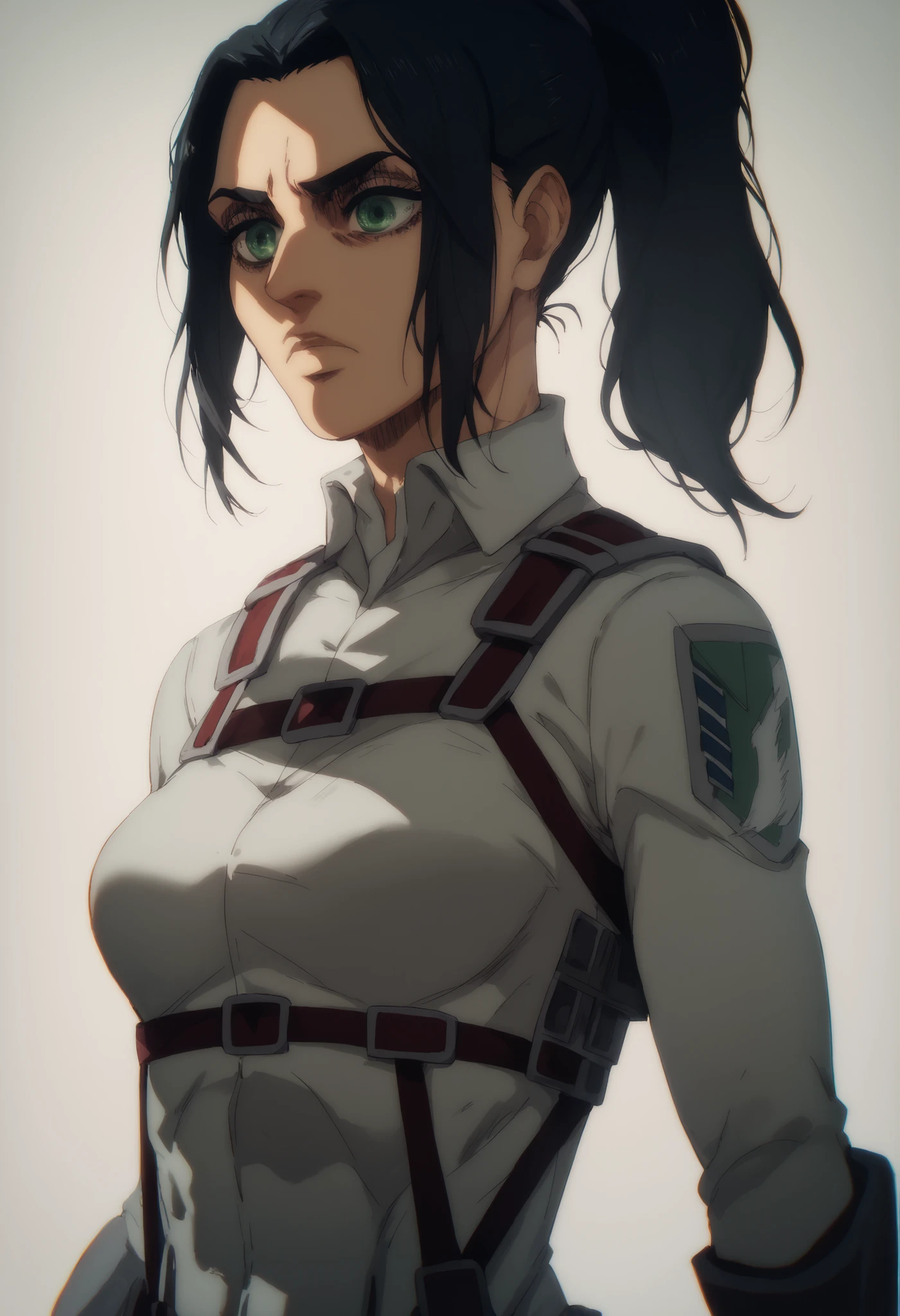 A girl character from attack on titans, long black hair, wavy ponytail, green eyes, gorgeous face. Soldier clothes, kind