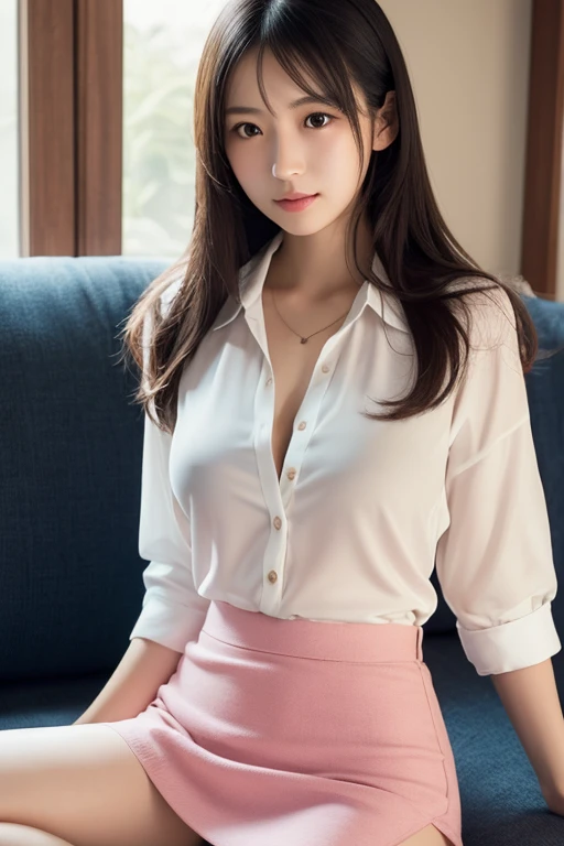 a 20 year old woman is the most beautiful actress in the world, the perfect proportions of her body, tight formal shirt is worn on her upper body and nothing is worn on her lower body but short skirt, her detailed genitals of her naked lower body, two pairs of her labia between her opened legs, her anus under her vagina, she is sitting on a sofa of the living room, nsfw, best quality, highly detailed, masterpiece, ultra high res, photo realistic, 8k