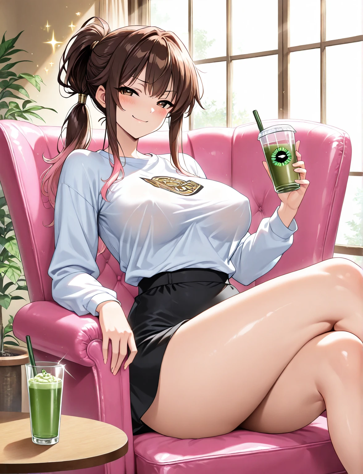 High resolution, high quality, One girl, Anime Girls,Brown long hair, Brown eyes, Green glasses,heart shaped pupils,Sunburned skin, Large Breasts,beautiful breasts,pointy breasts,(Big Ass),beautiful ass,Embarrassed,Pink Cardigan,Pink Skirt,lower body,sitting,(open legs),Wisteria flower,at cafe,(lemon juice),(orange juice),(Pineapple juice),(Mango juice),(water),