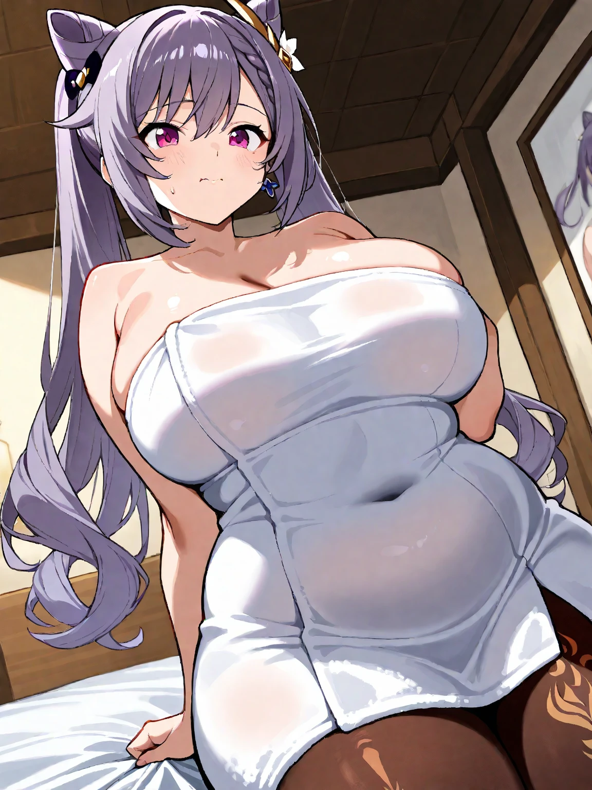 A girl wearing a purple and white leotard((From below)),Brown Hair,Light brown eyes,Blushed,pigtails!!,BIG Boned,steam,vapor,tall,Sweat,wide hips,Puffy nipples,Mid-length hair,Raise your hand,Live,Holding a futuristic microphone,smile,smile,tired,Sweatが垂れる,Take to the stage,sing,Chubby