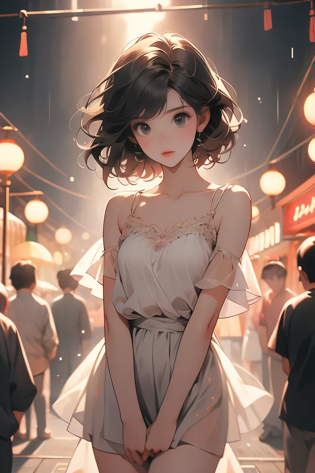 animation、high image quality、high resolution、masterpiece、A very dark scene、Night Park、one woman、White see-through camisole、Black Mini Skirt、With both legs apart、I'm staring、tight expression、it's raining、black smoke is standing in、Red light、combat ready with strawberries、no one else、I'm not carrying an umbrella、wet、