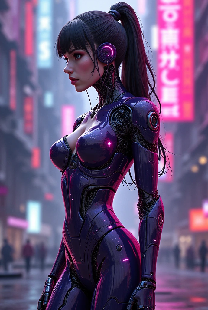 Cyber Woman in a Futuristic Cyberpunk CityAn imposing cyberpunk woman, with a full body on display, is depicted in a futuristic cyberpunk city. His eyes sparkle with intense neon, reflecting the cityscape filled with dystopian skyscrapers, holographic advertisements and flying vehicles amid a night sky lit by vibrant neons. The cybernetic woman sports a shiny metallic skin, covered in intricate cybernetic details and circuit tattoos. His posture is confident and challenging --auto --s2