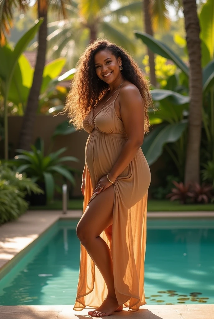 Ultra-realistic, 4K, Professional photos, 22-year-old girl, Black girl, ((huge breasts)), ((huge pregnant)), big curly hair, High resolution, Detailed face, Medium bodied, Floral skirt, (Open blue shirt), masterpiece, (Lighting), (1 solo), Beach Background, Realistic Background, Realistic photos