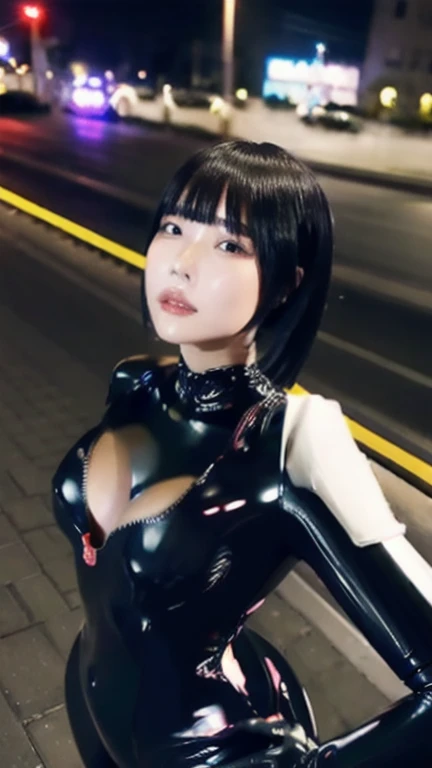 in 8K、超A high resolution、Best Quality、masutepiece (huge-breasted、Toned body:1.7)((glossy black、Tight enamel rubber suit、Enamel pants:1.4))(New York's Buildings、Smoke from manholes:1.5) (long straight beautiful black hair:1.4)(huge smile、big eye、Distinct double eyelids、Lashes:1.3)(gazing at viewer、Highlights in the eyes、Light brown eyes、Pinclip Gloss)piercings、pin heels