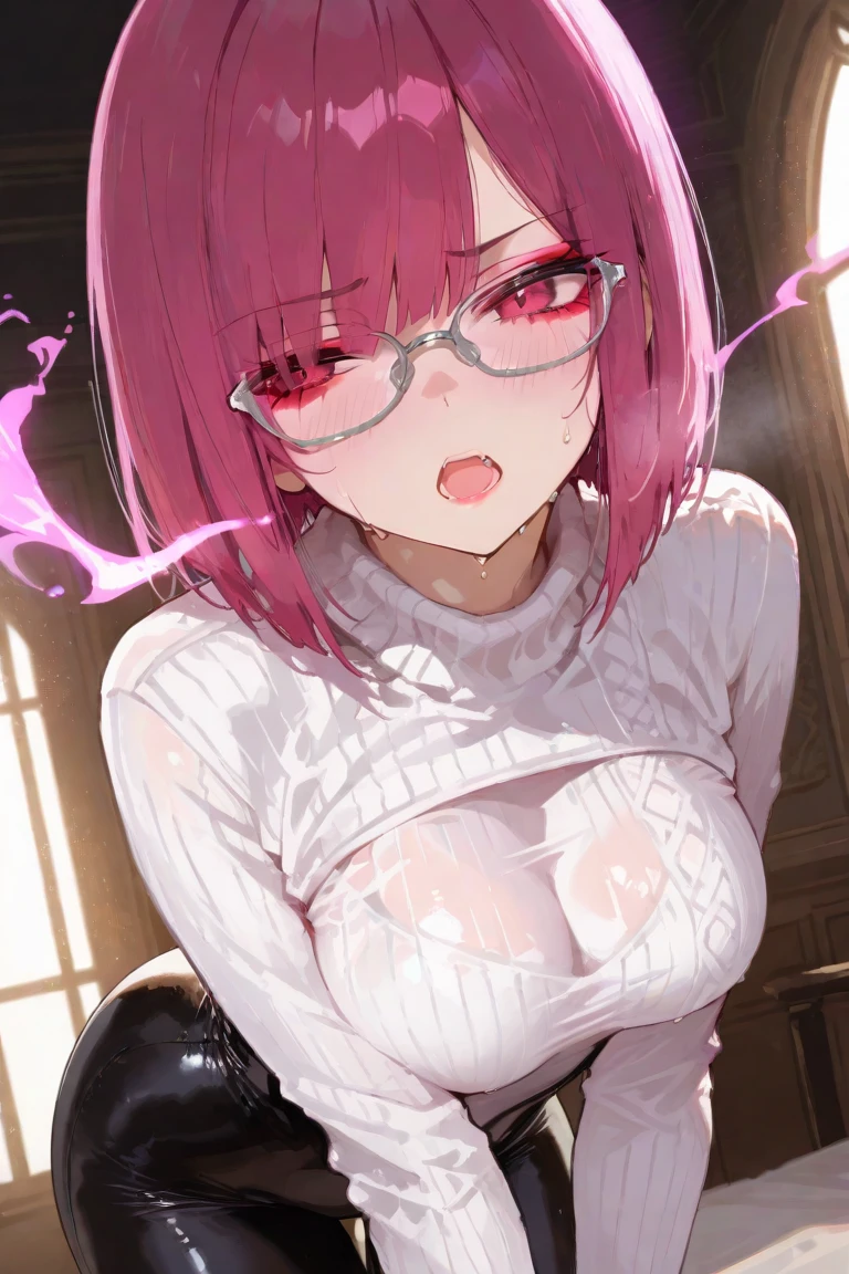 (masterpiece), (wonderful), (非常にwonderful), Highest quality, Expressive eyes, Perfect Face, High resolution, 4K resolution. One girl, Close-up portrait of an angry woman, Realistic Face, Swept-apart bangs, Long Hair, ponytail, Huge breasts, Long neck, Bedroom,, Sunlight from the window., ((Huge boobs:1.7)) 、 Female orgasm、(((Full nudity:1.5)))、Erotic、Climax、((Staring intently at the audience:1.5))、((She thoroughly licks the head of his thin penis with her long, dripping tongue:1.5))、((ejaculation:1.5))、((Glasses:1.3))、((Completely naked:1.7)),((Angry expression:1.7)),((Small and thin penis licked and dripping with saliva:1.5,Burying deep between her tits and giving her a titjob:1.5)),,((Ultra-realistic, sexy tongue:1.5)),((The skin is shiny with oil:1.7)),((The nipples are large and hard:1.5))