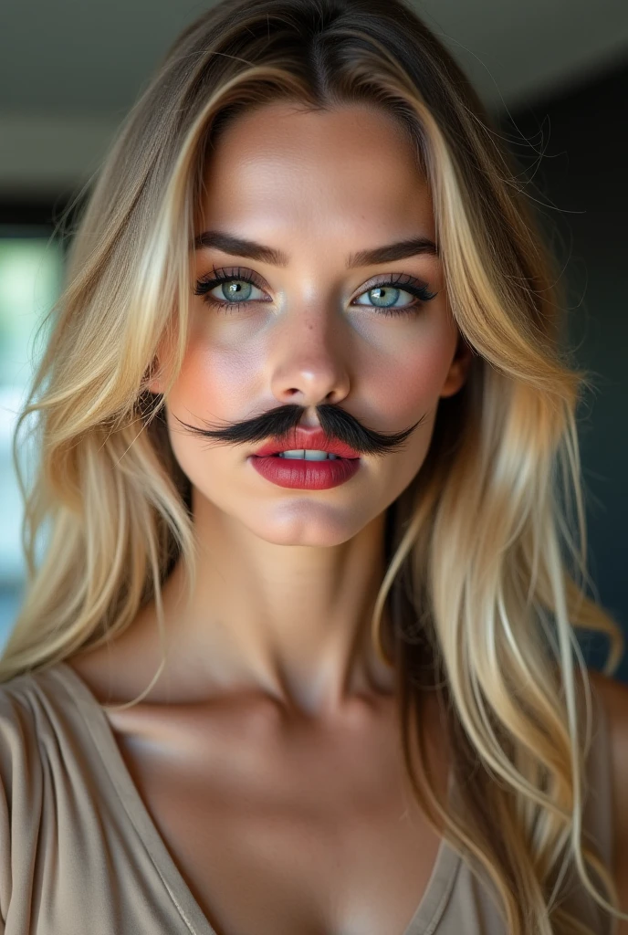 A woman with eyes like a seal, With a mustache , blonde