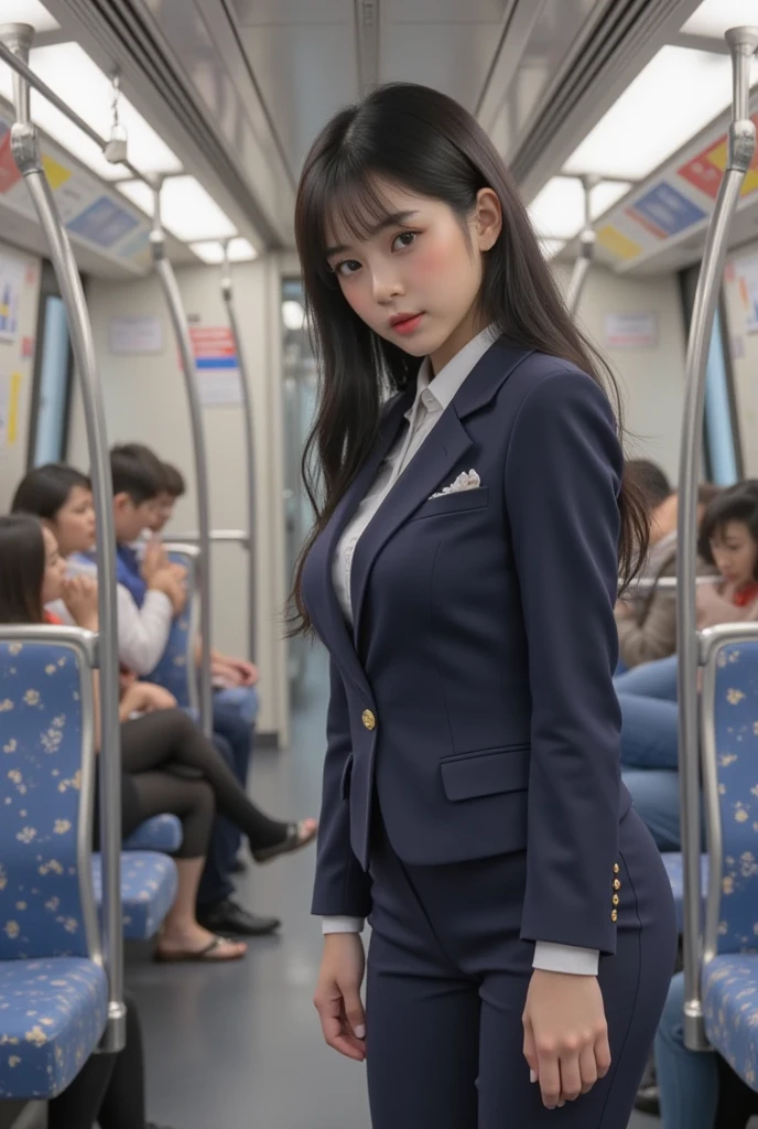 (8K), (highest quality: 1.2), (realistic), (realistic: 1.37), ultra high resolution, 1 girl, cute, smile, closed mouth, beautiful details, beautiful nose, beautiful hair, ponytail,giant dulcefo, pork, thighs，self snap,University Student Uniform,Sitting on a train in Tokyo,simple blazer,pleated skirt,cross your legs, From above,(thighsにクローズアップ),(濡れたthighs),(Opaque blue knee-high tights:1.2)