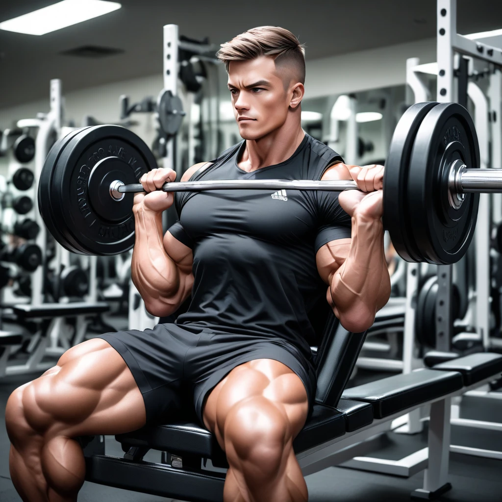 masterpiece, best quality, detailed face, natural eyes, 1man, mature man, muscled and mature,handsome and hunk stephen amell as an athlete NAKED ,showing nipples , sweating, transparent tight cloth, , full body view, in a gym doing dumbbells