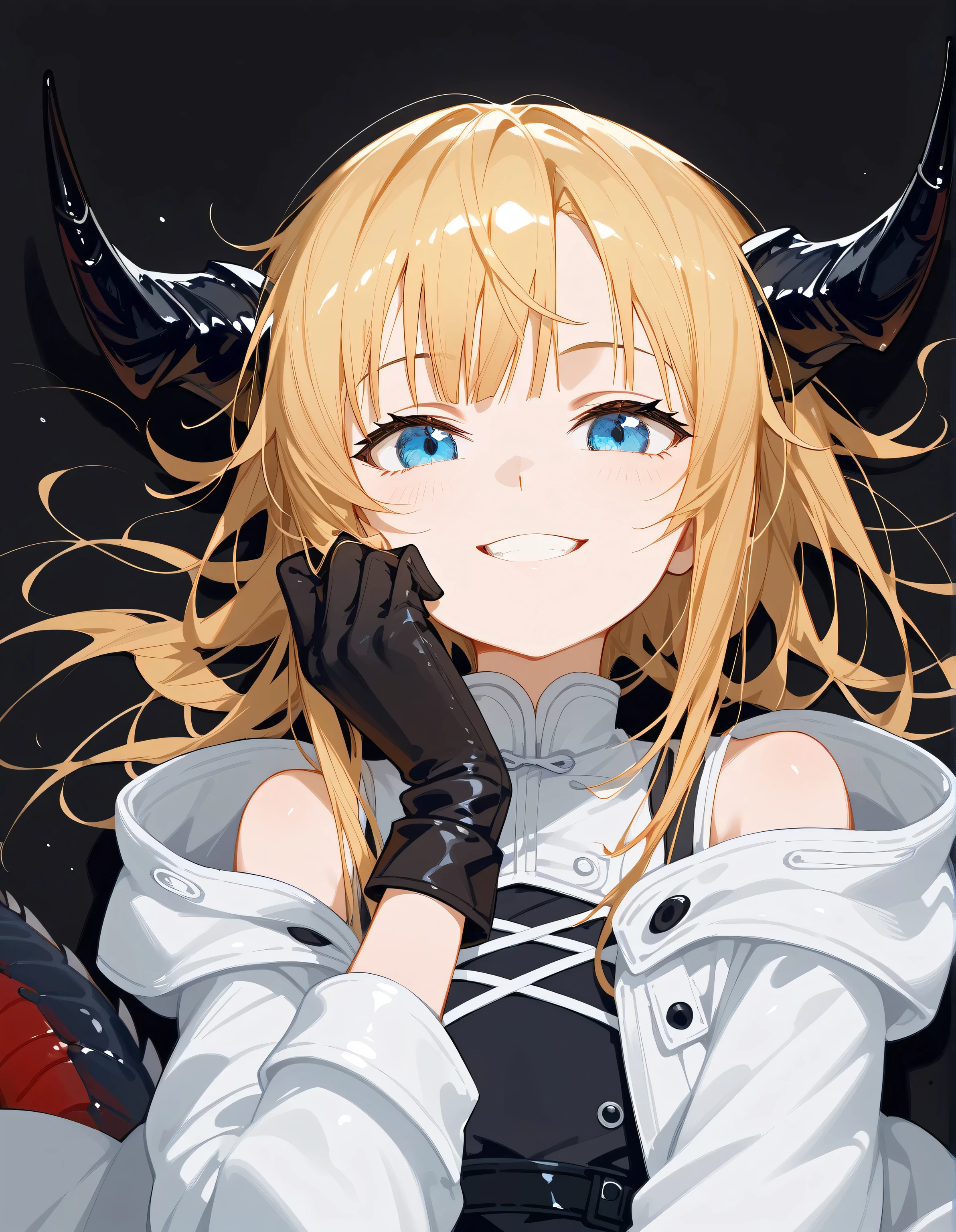 solo, boy, androgynous boy, facing the viewer, golden hair, hair style Alice Zuberg from Sword Art Online, long bangs, blue eyes, perfect anatomy, student, similar to Nian from Arknights, black horns like Reed's in Arknights, fierce face, provocative face, short stature, young and short;
long white coat, coat falling down the arms, wearing black gloves, black t-shirt;
completely facing the viewer, face to face, black dragon tail, on the floor, black background;
Does not show the entire body, shows shoulders and head, close to the face, looking at the character, looking at the viewer, face to face, provocative smile, confident;