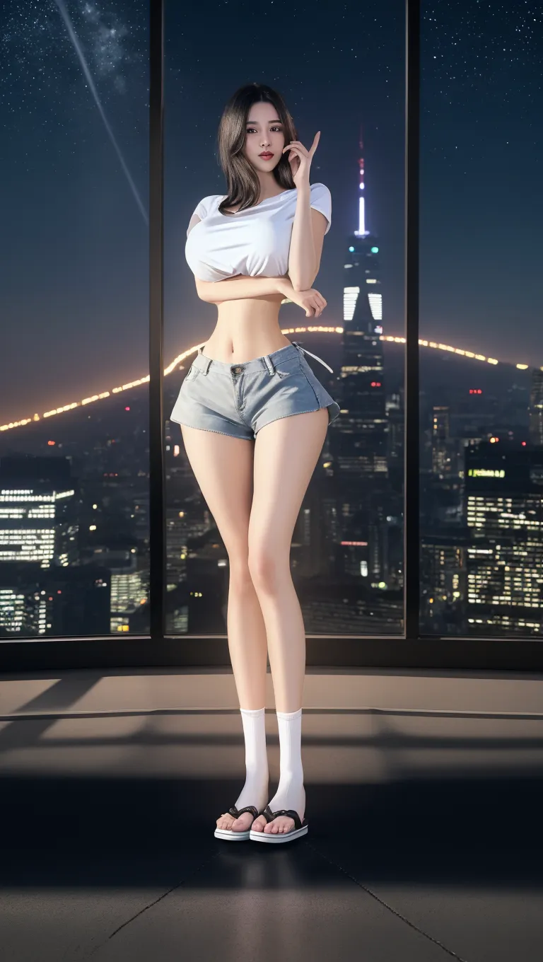 woman in short pants fashion , (Standing on the Rooftop:1.3), full body shot