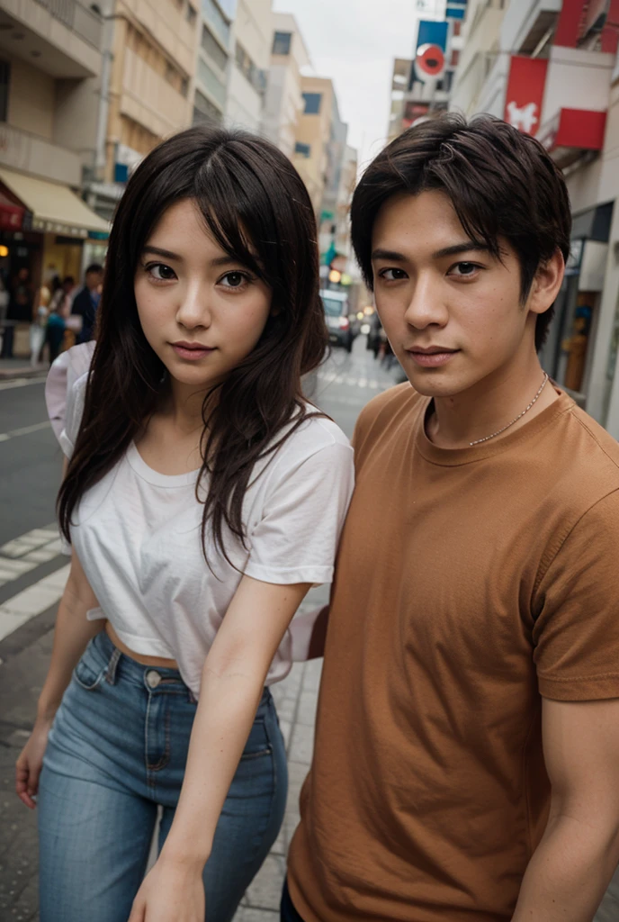 creates polaroid style photography of 2 people, una chica latina flaca de piel morena. un chico (male) pale skinned japanese, romantic, couple goals, aesthetic, grainy, away, distant shot, en una calle, seul, night, toma lejana,cabello negro