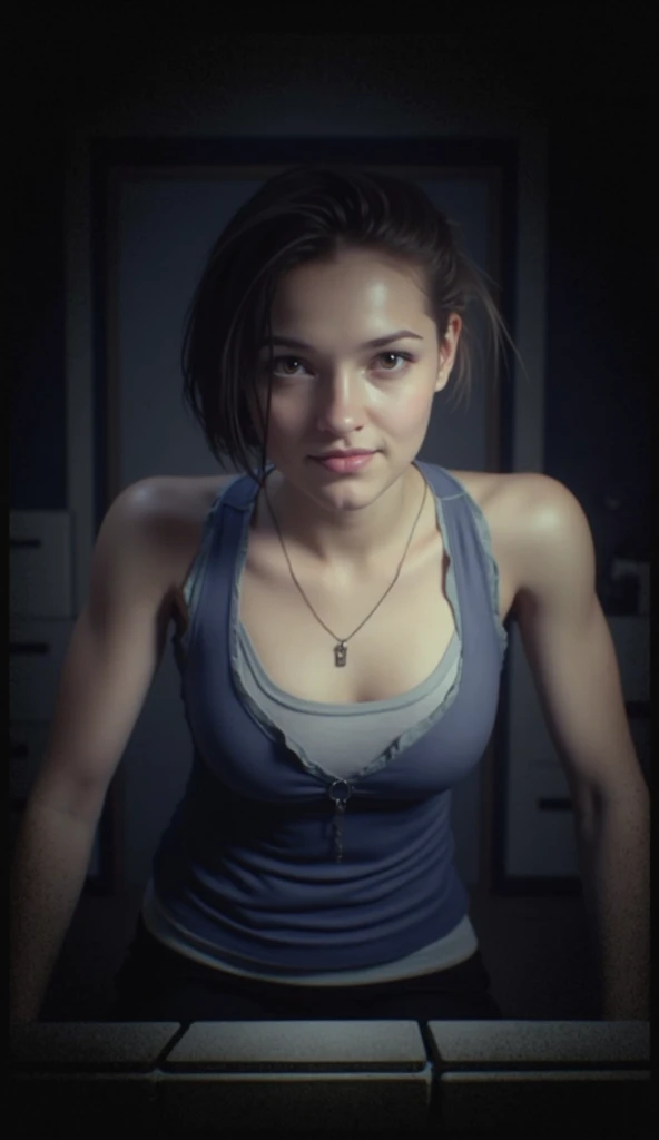 woman, blue shirt, looking forward