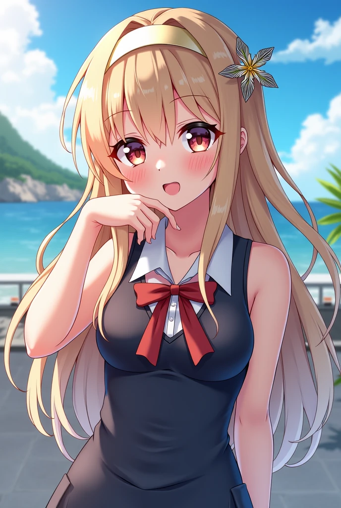 14-year-old girl, ((Simple earrings、Manicure、Sexy Swimwear、bikini))、(Golden hair colour、Red pink inner color hairstyle), Beautiful Hair, Facial Contour, Remember, Pool, sunlight、splash, Lens flare,, Natural Color, High resolution, Very delicate, Very detailed, 8k,（Breast swelling、About B cup）、(Shyness),((Sexual))、(Sexualな画角)、View angle from behind、Turn around, look straight ahead and smile