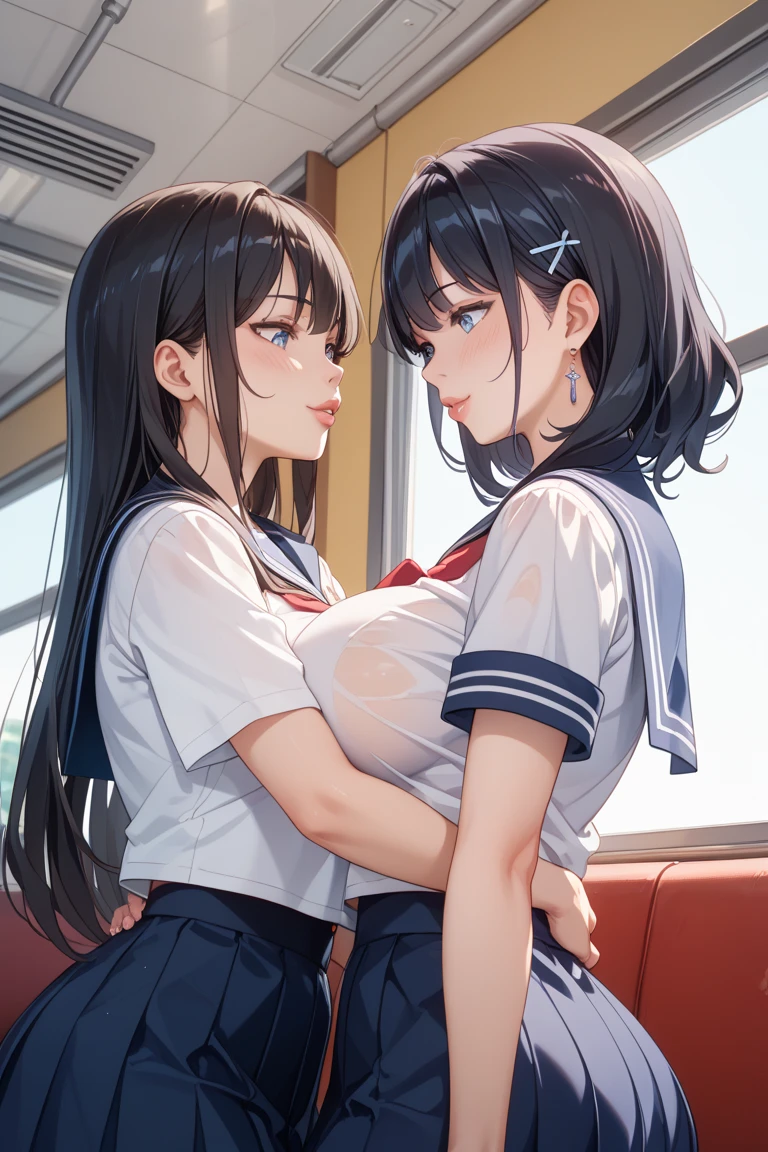 super fine illustration,masterpiece,best quality,ultra detailed,2girls,yuri,look at each other,eye contact,(sheer sailor school uniform:1.4),short sleeves,(covered nipples:1.1),breasts press against breasts,large breasts,medium hair,blush,shy,(super beatiful detailed big eyes:1.3),(beautiful gray eyes), (from above:1.5),(looking at camera :1.5),(open mouth,orgasm;1.2)