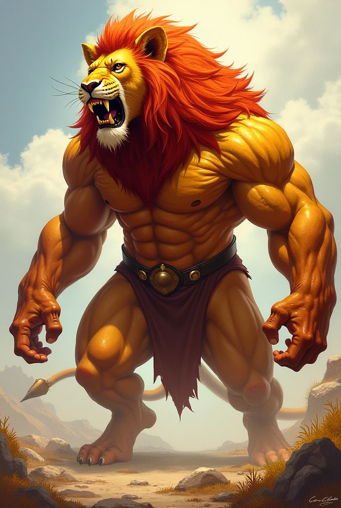 muscle, male, (lion head:1.0), furry, kemono, photo, realism, cgi, warrior, (fighting pose:1.2), tekken, eye glow, (sweat:1.3), dirt, nipple, red hair, (baki:1.2), blood splatter, teeth, (steam:1.0),