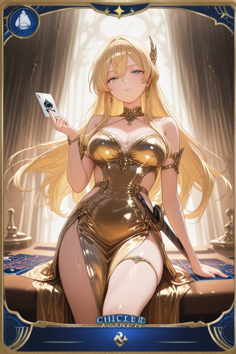 最high quality、Best image quality、masterpiece、With a girl((18-year-old、Gold underwear,Best Bust、Medium Bust、Bust 85,Beautiful Blue Eyes、Spread your chest wide,Sexy Gold Dress、Gold Miniskirt、Gold earrings、Gold Necklace、Gold Ring、Shining golden ponytail、Skirt flutters、Use magic))high quality、Beautiful art、background(Shining meteors,Cosmos、Gold Room、Gold Table、Gold Chair、monitor、Gold Room、Gold Bookshelf、Golden Faragic Circle)),Tabletop、Exquisite design、Visual Arts、Depth of written boundary、Best lighting、Highest detail、Front angle