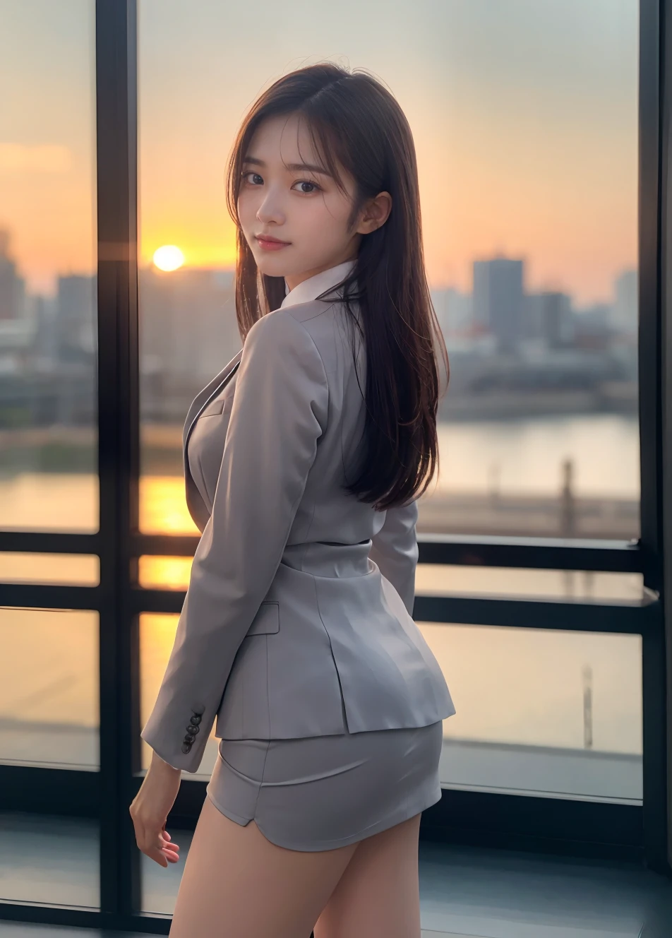 ((Best of the highest quality, 8k, Masterpiece: 1.3, raw photo)), Sharp focus: 1.2, (1 AESPA, slim body type female, 21 y/o: 1.1), (Solo: 1.2), (realistic, photo-realistic:1.37), face focus, cute face, finely eyes, (droopy eyes: 1.32), (Emphasize prominent aegyo-sal with bright: 1.2), shimmering eyeshadow applied under the lower lash line, paired with thick, (from behind: 1.16), (small breasts, flat chest, Thigh: 1.3), (short messy hair, updo: 1.2), (wearing navy blazer and shirt of school uniform, panties: 1.32), walking terrace office, sun light, flower