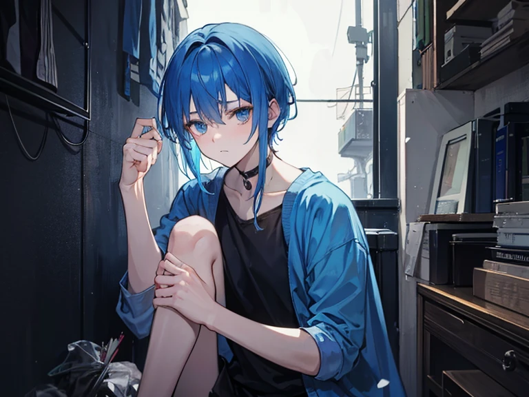 Young girl with short blue hair and blue eyes, wearing tattered clothes and chains, trapped in a dungeon cell, surrounded by a mystical forest.