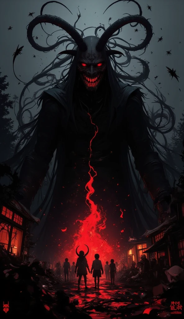 ((Red smoke scenario)) and black shadows of demons within the smoke, image horror horror at night very dark in an empty plain just smoke and dark sky