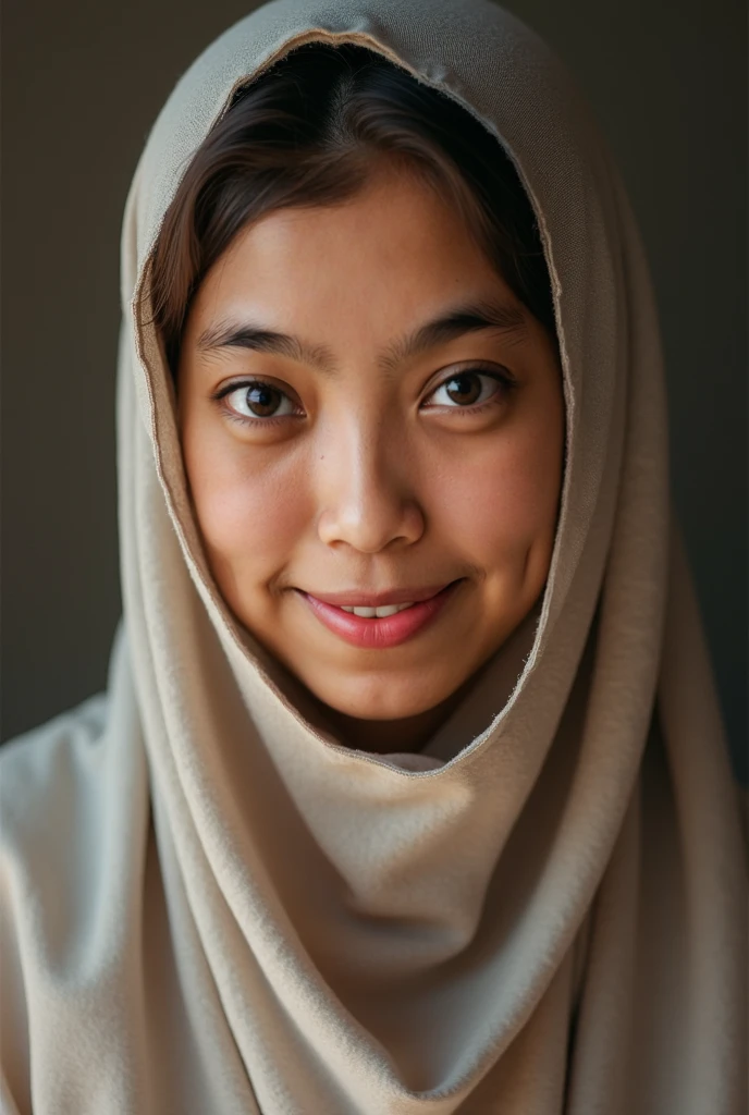 hijab beauty dressed long dress chubby pretty white face brown eyes sweaty no makeup
