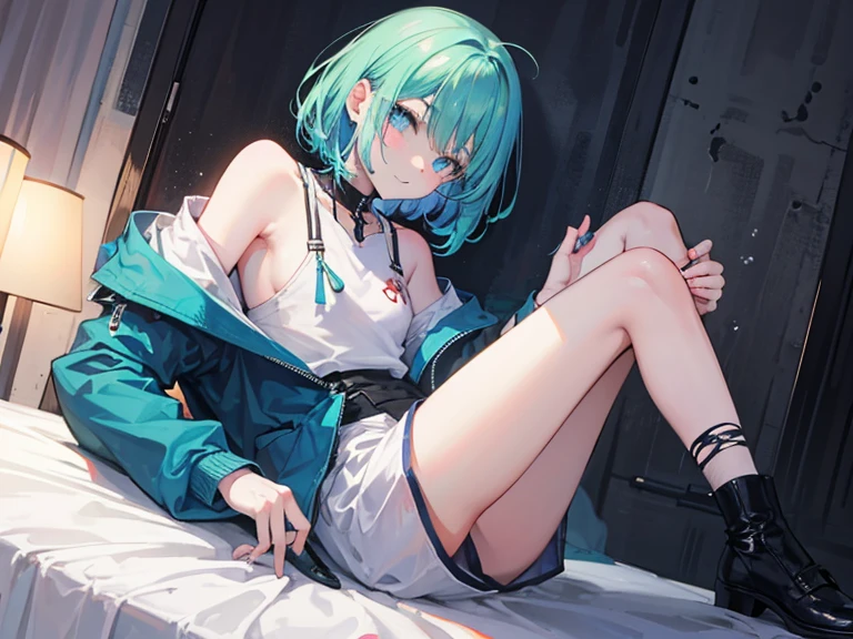Detail image, realistic image, 1 elf. She has medium-long light blue hair which has strands of hair hanging over the right side of her face, large blue eyes and a delicate oval face, small breasts and a curvy figure. She is wearing an off-shoulder sweater and shorts, sneakers. seated. Full body view. Black background, Uniform background. Ambient light. Volumetric Light