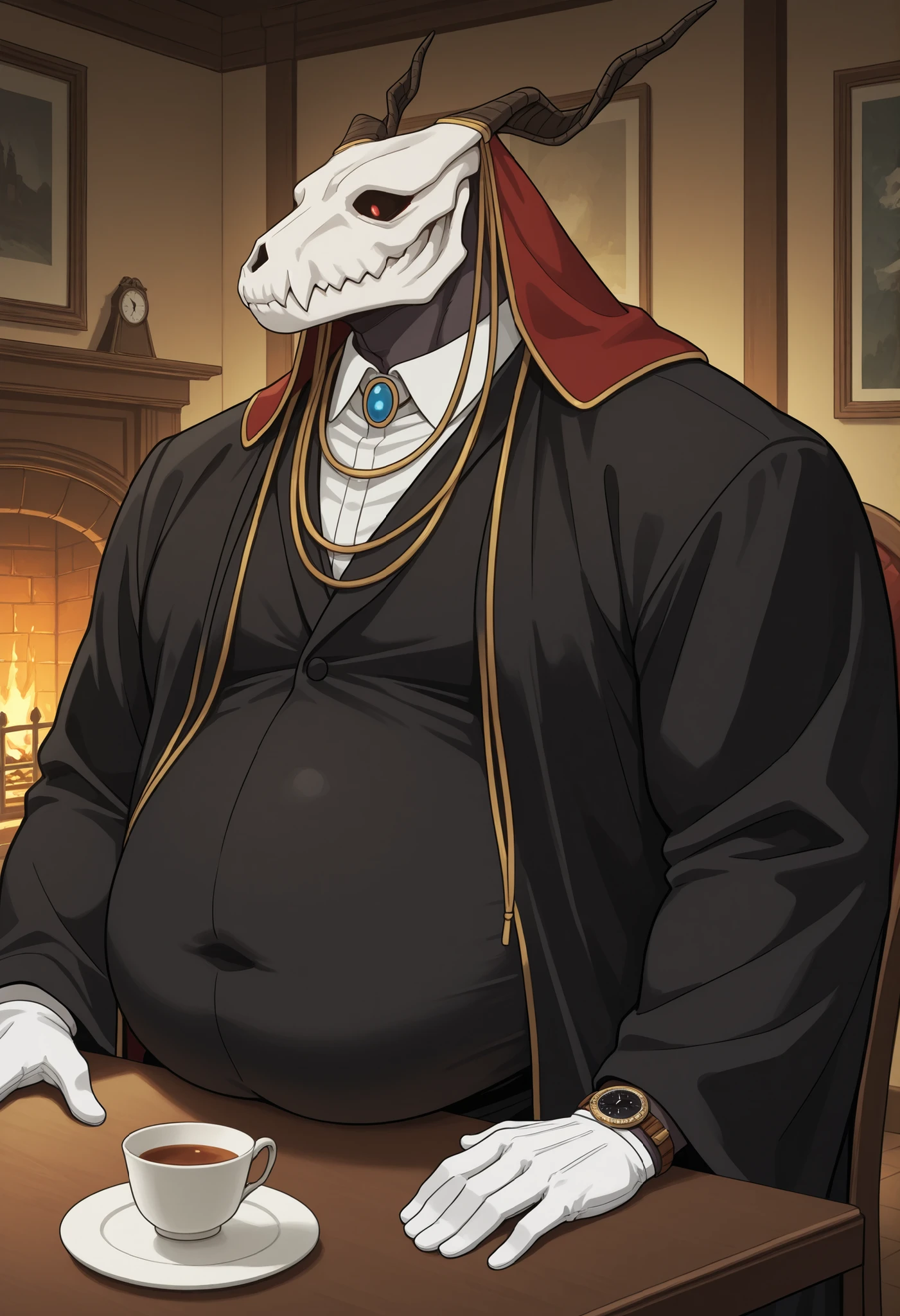 indoor, Living Room, from the side, tables, chair looking at the fireplace, cups of black tea, Retaining plate, Watch Viewers, solo, elias ainsworth, black robe, magician's robe, white shirt, white gloves, blue necklace, muscular, Male Focus, Detailed Background, perfect anatomy, masterpiece, High Quality, best quality, high resolution, Midea ,Being overweight,Obese Body Type,belly with fat,bulging round stomach,完全にObese Body Type,Big round belly
