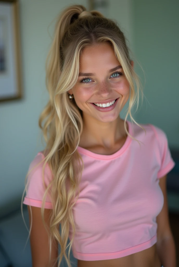Realistic blonde girl age 20 instergram modelling outfit smirk posing