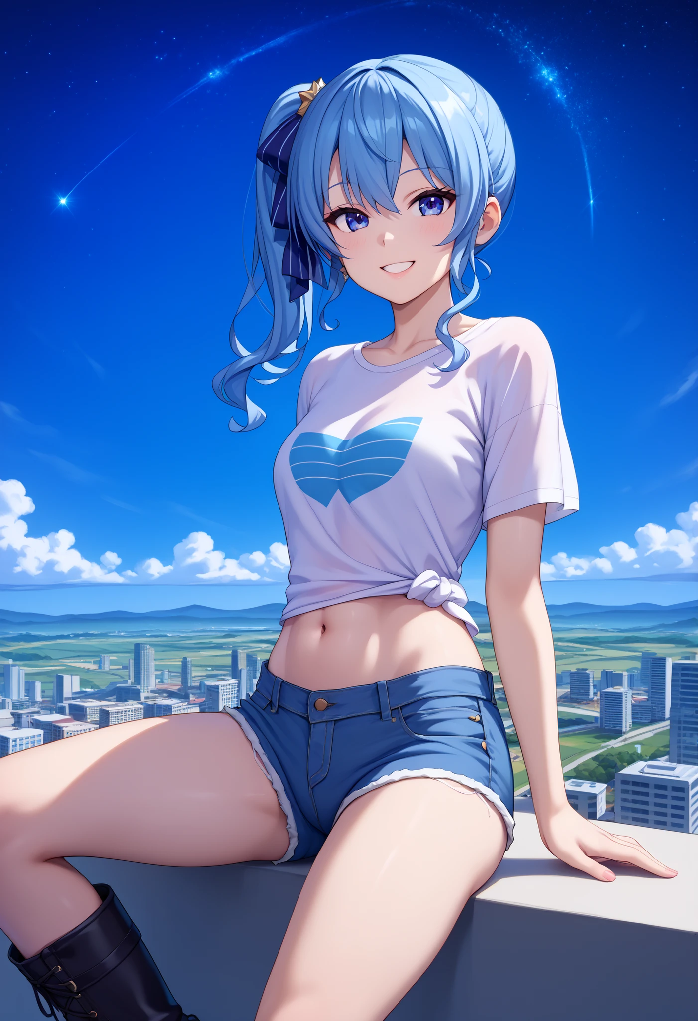 masterpiece, best quality, integrated scenery, integrated background, extremely delicate and beautiful, meticulous details, good composition, , cute face, perfect face, perfect hands,(8k、Best image quality、highest quality)、Detailed face、 1teen_girl、Blue Hair、Long Hair、sideponytail、dark_blue_eyes、smile,(peek_navel:0.7),(small_breasts:0.5),(White_T-shirt:1.3)、Off_shoulder、Black shoulder straps、(open_front_shorts,denim_short_shorts:1.2)、City Background, starry_sky_landscape ,hoshimachi suisei, (belly_button:1.2),nihil,solo,stargaze,girl_looking_up_sky,slender,solo,boots,abs, tight_waist, point_to_sky,slender_thighs,knees